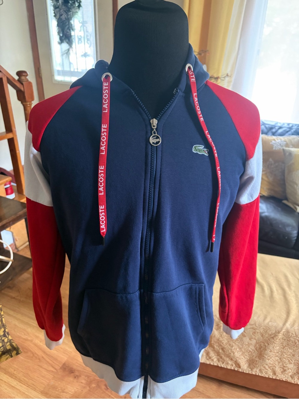 Lacoste Navy Red White Colorblock Hooded Zip Sweatshirt